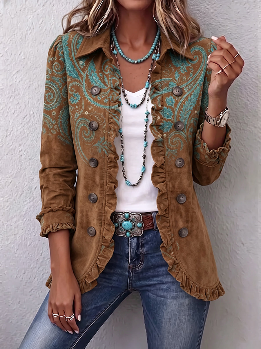 Giacca con Volant a Stampa Paisley in marrone - Grazia di Amora Moda