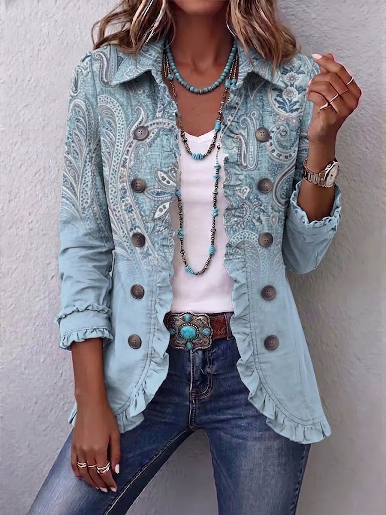 Giacca con Volant e Stampa Paisley Vintage in blu cielo - Isabella di Amora Moda