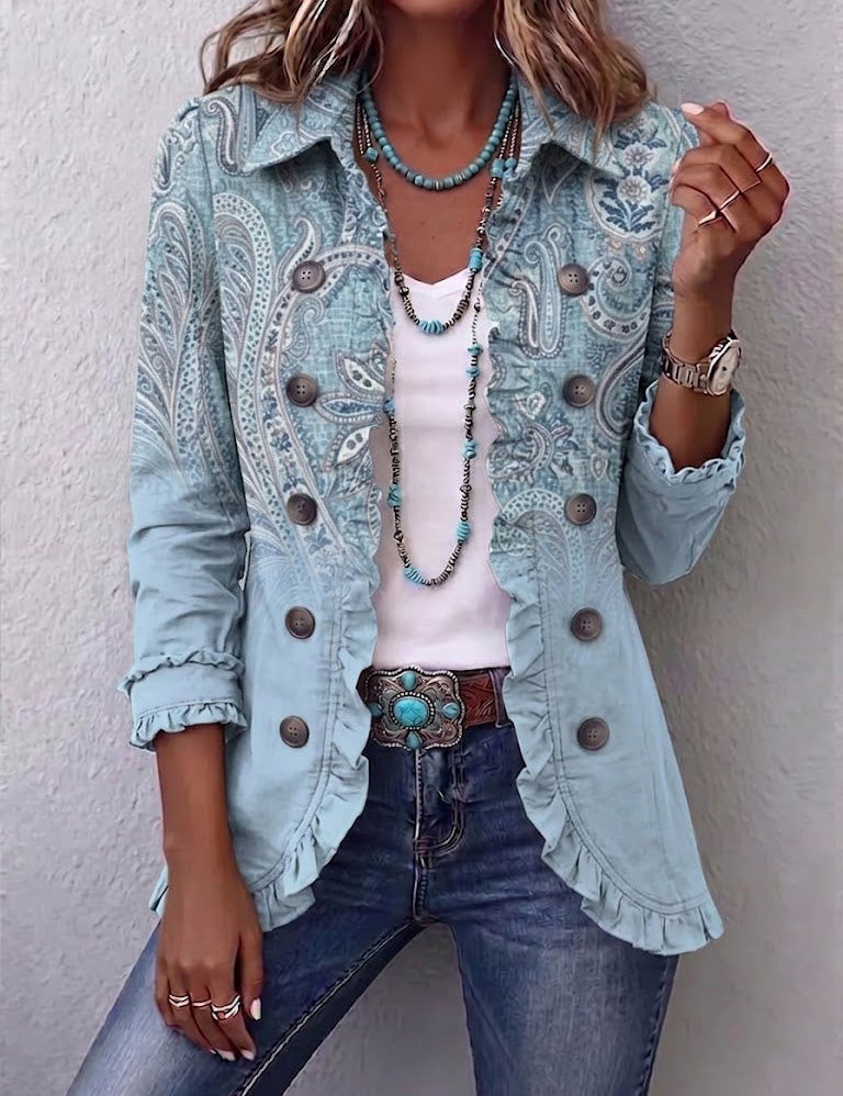 Giacca con Volant e Stampa Paisley Vintage in blu cielo - Isabella di Amora Moda
