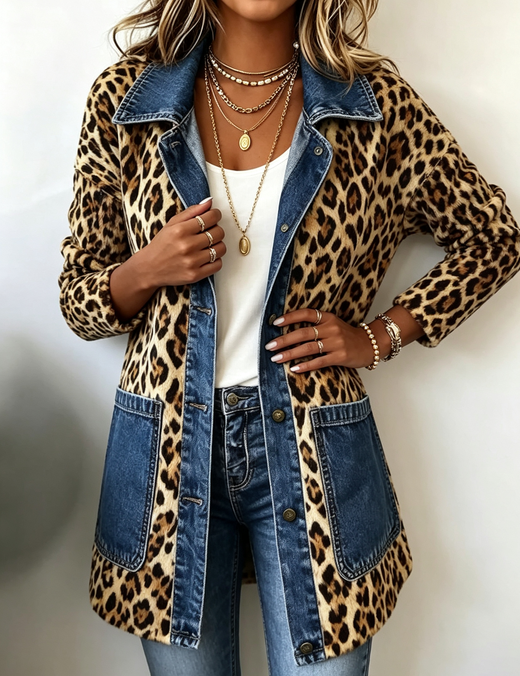 Giacca Lunga con Inserto in Denim Leopardato - Nora di Amora Moda