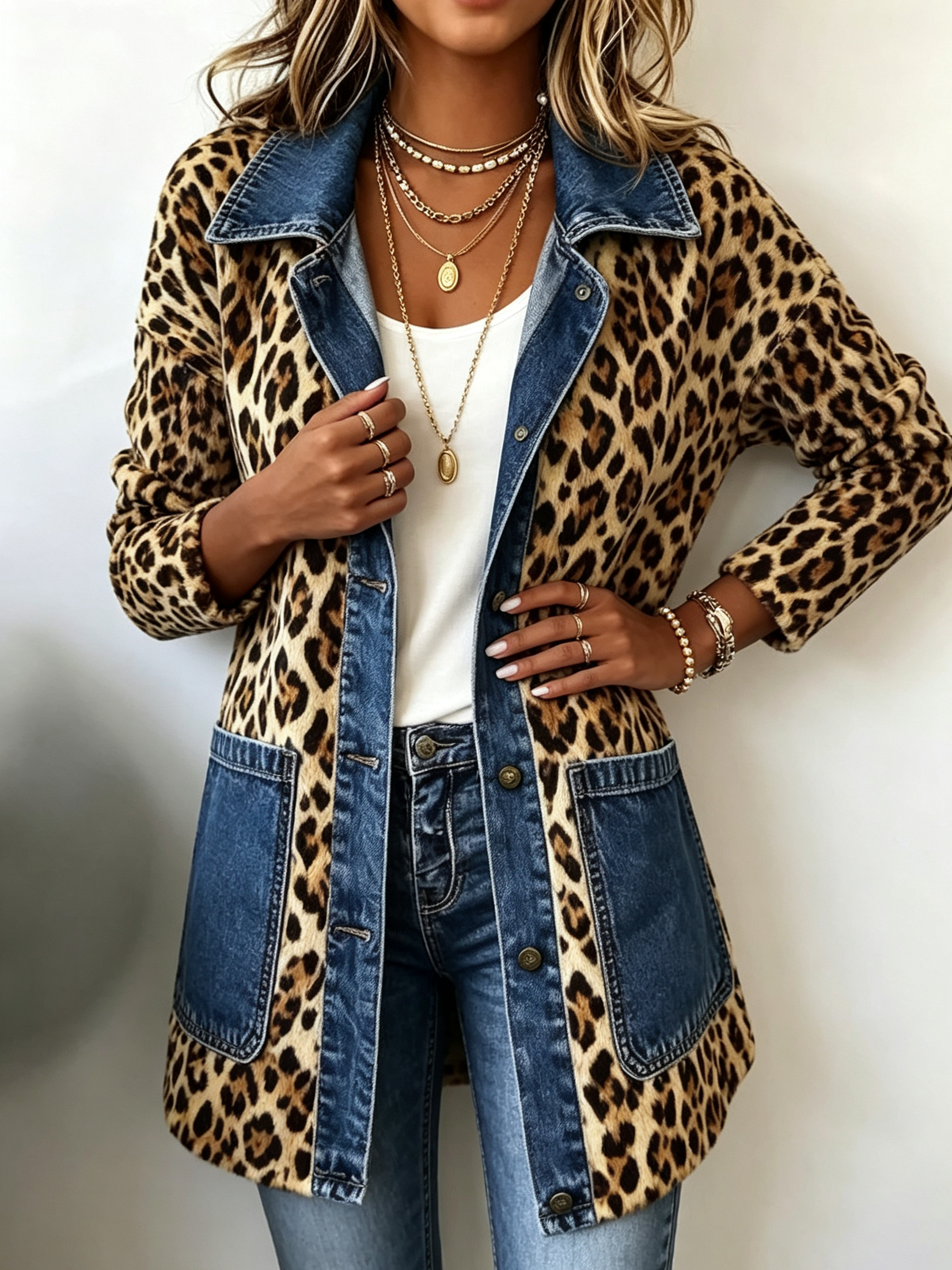 Giacca Lunga con Inserto in Denim Leopardato - Nora di Amora Moda