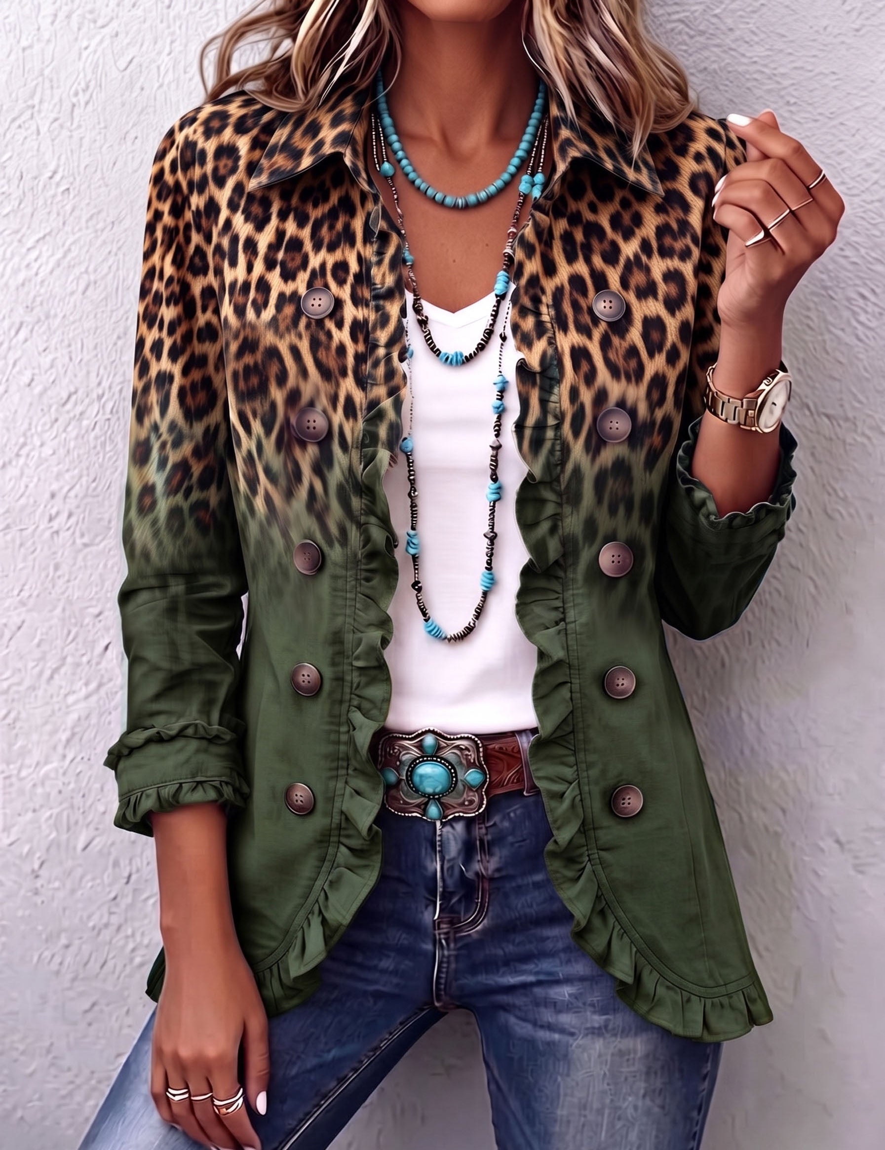 Blazer con Volant e Stampa Leopardata Sfumata in verde - Emma di Amora Moda, foto 7