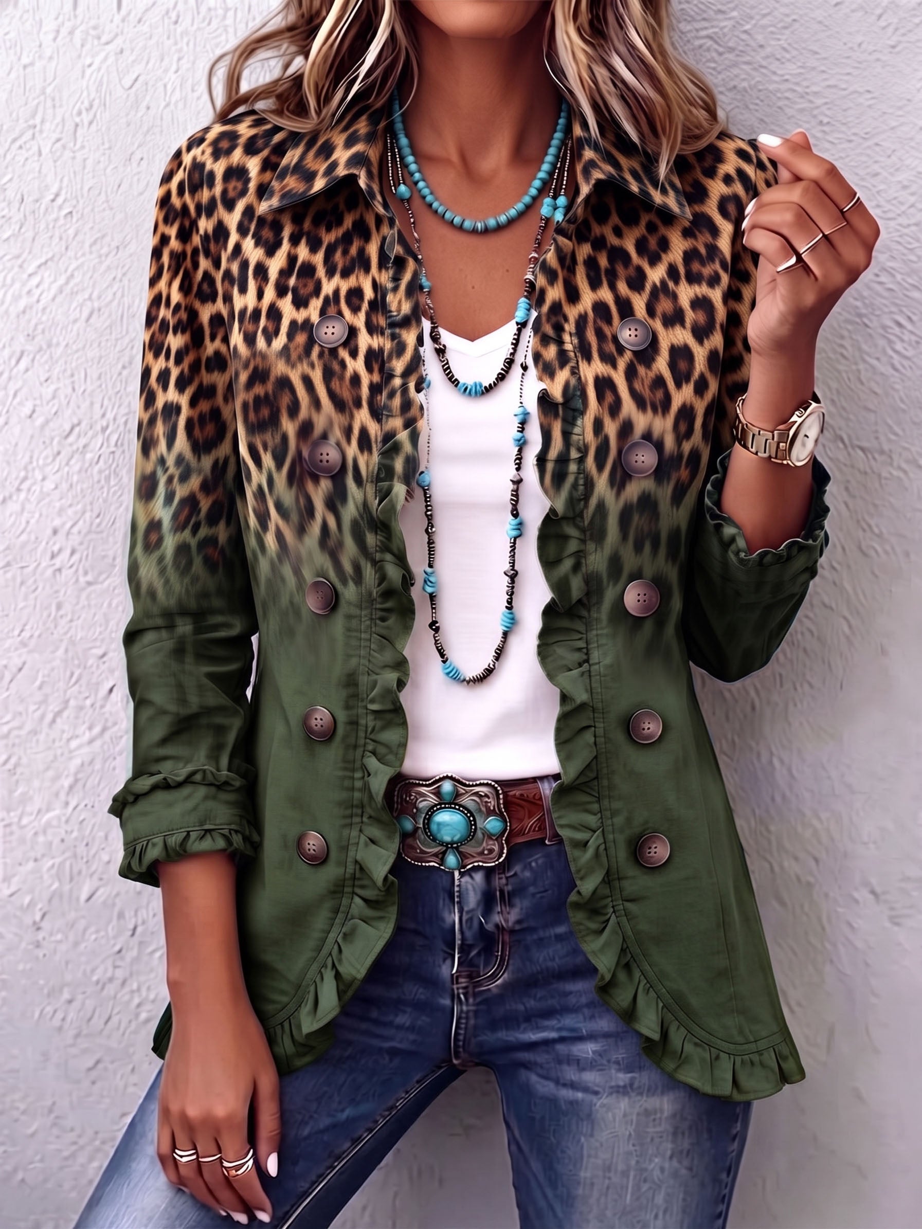 Blazer con Volant e Stampa Leopardata Sfumata in verde - Emma di Amora Moda, foto 7