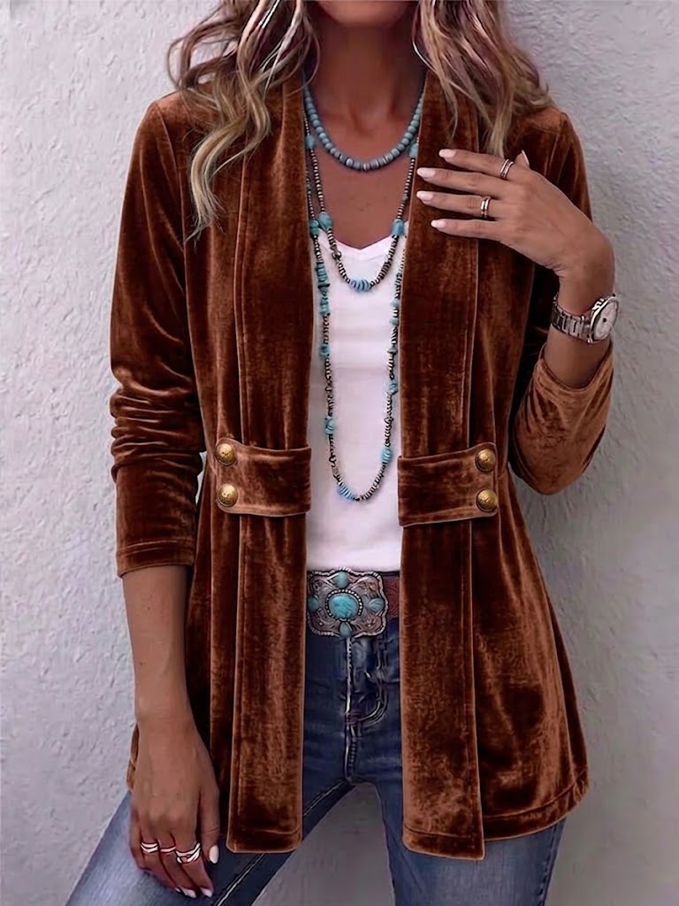 Giacca Aperta con Bottoni Vintage e Maniche Lunghe in marrone scuro - Emilia di Amora Moda