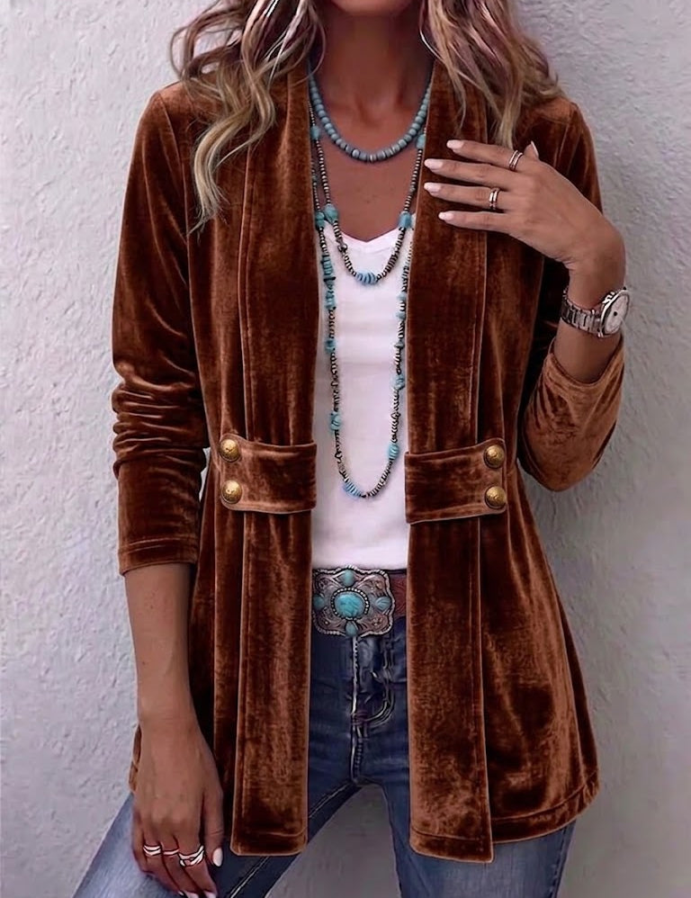 Giacca Aperta con Bottoni Vintage e Maniche Lunghe in marrone scuro - Emilia di Amora Moda