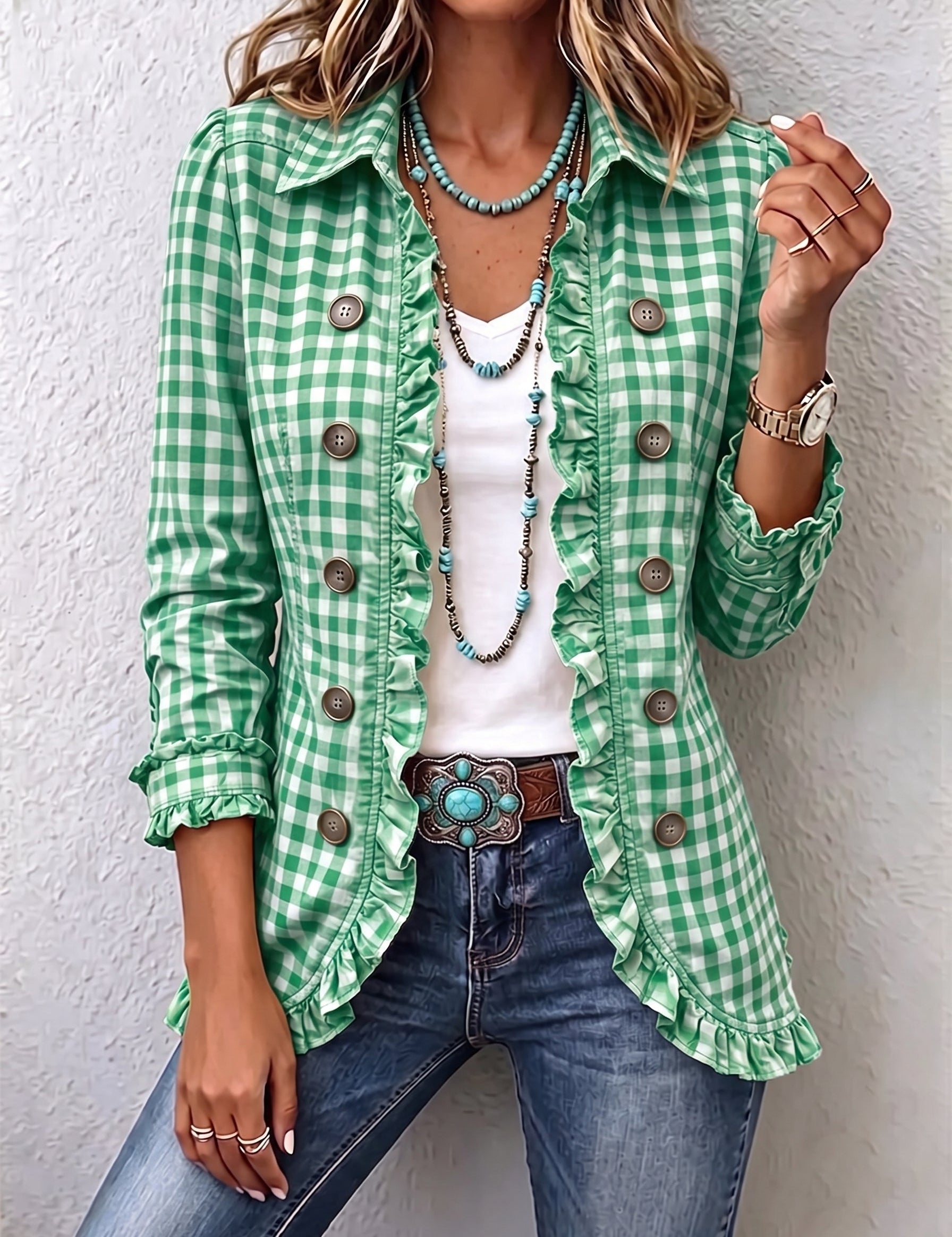 Giacca a Righe con Bottoni e Volant in verde - Evelina di Amora Moda