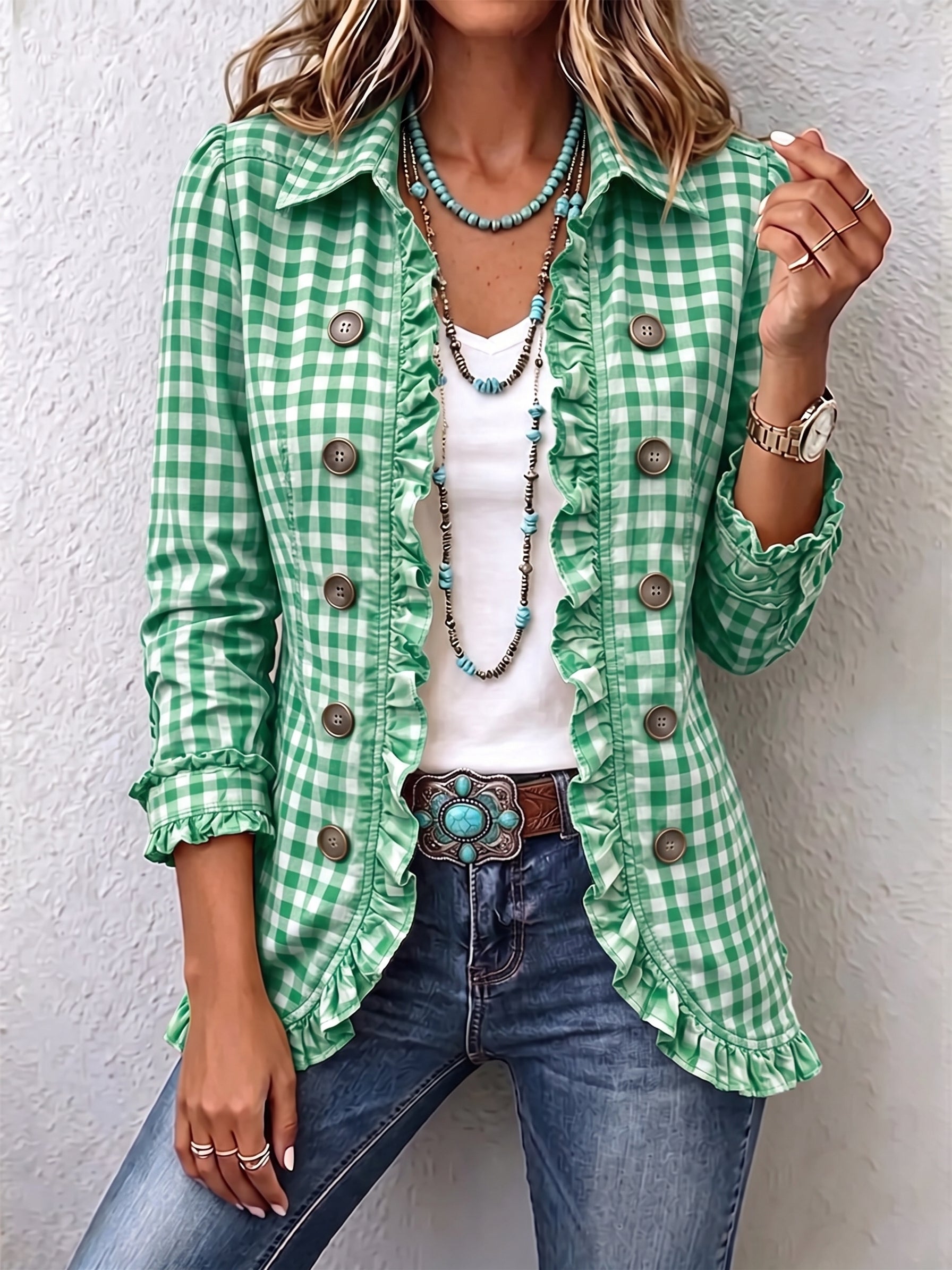 Giacca a Righe con Bottoni e Volant in verde - Evelina di Amora Moda