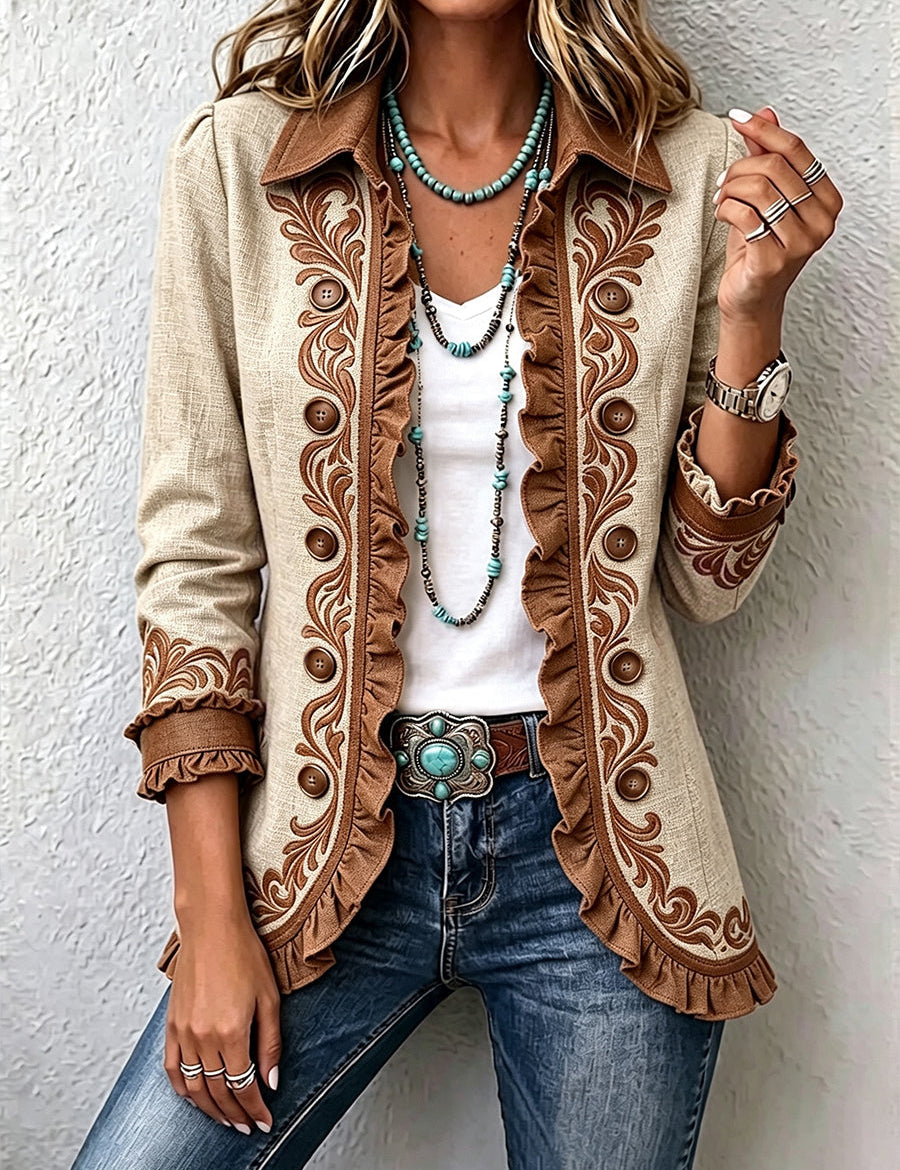 Giacca Vintage Bohémien a Fiori con Volant in beige e marrone - Rosalia di Amora Moda