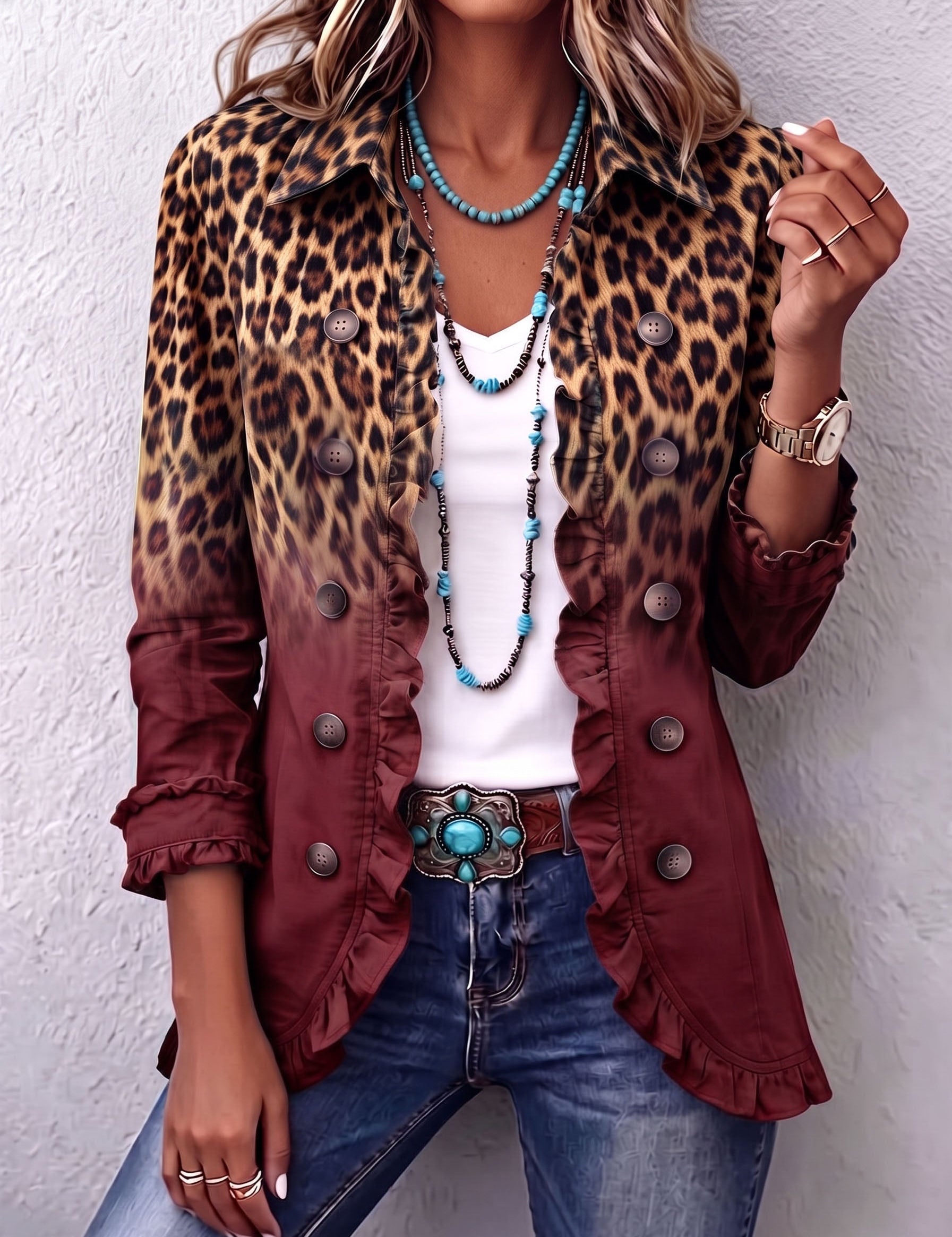 Blazer con Volant e Stampa Leopardata Sfumata in vino - Emma di Amora Moda, foto 5