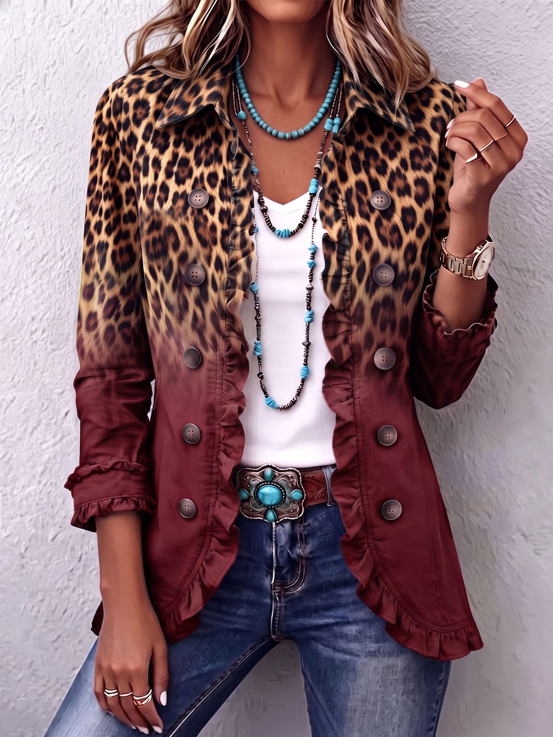 Blazer con Volant e Stampa Leopardata Sfumata in vino - Emma di Amora Moda, foto 5