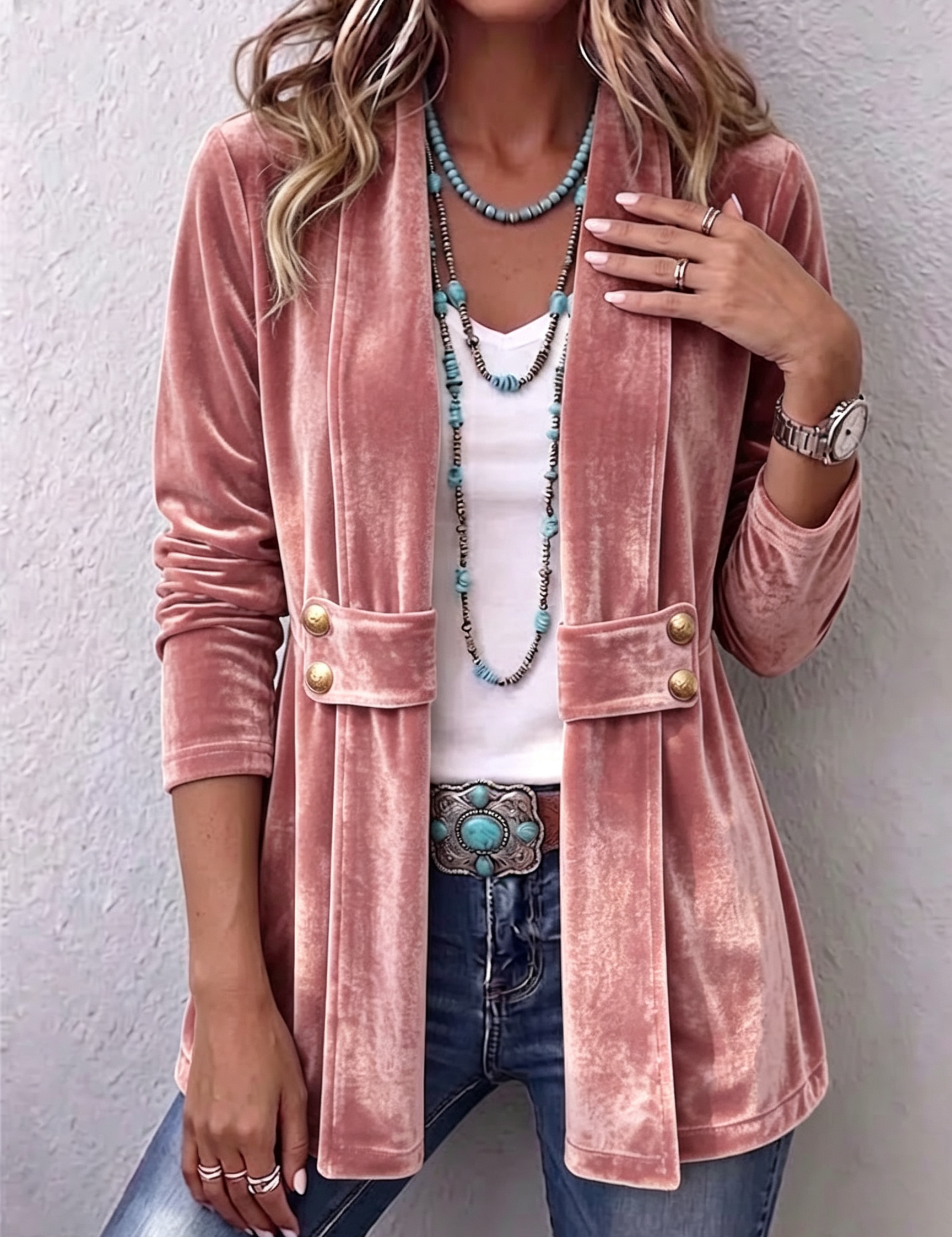 Giacca Aperta con Bottoni Vintage e Maniche Lunghe in rosa - Emilia di Amora Moda, foto 7