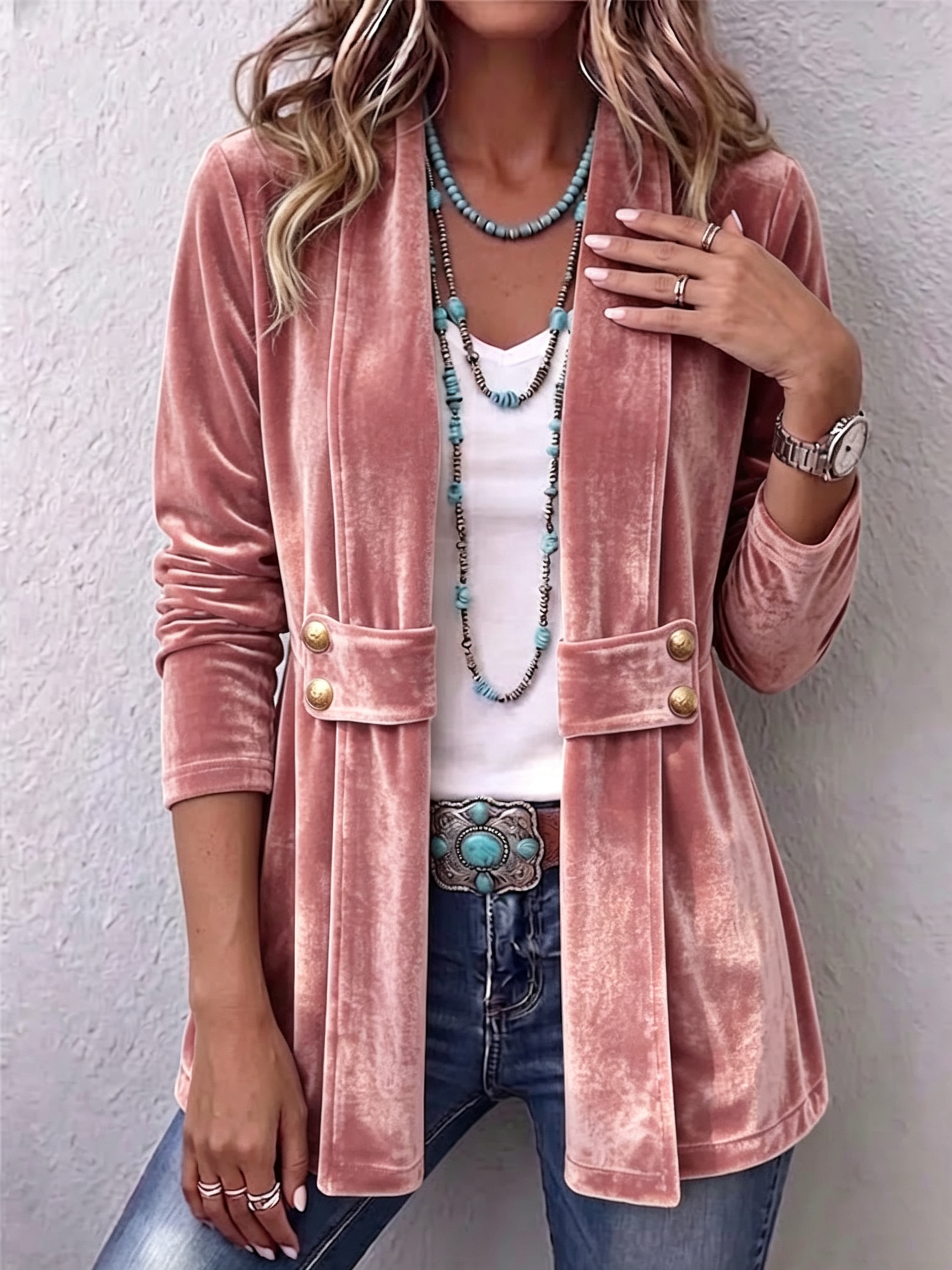 Giacca Aperta con Bottoni Vintage e Maniche Lunghe in rosa - Emilia di Amora Moda, foto 7