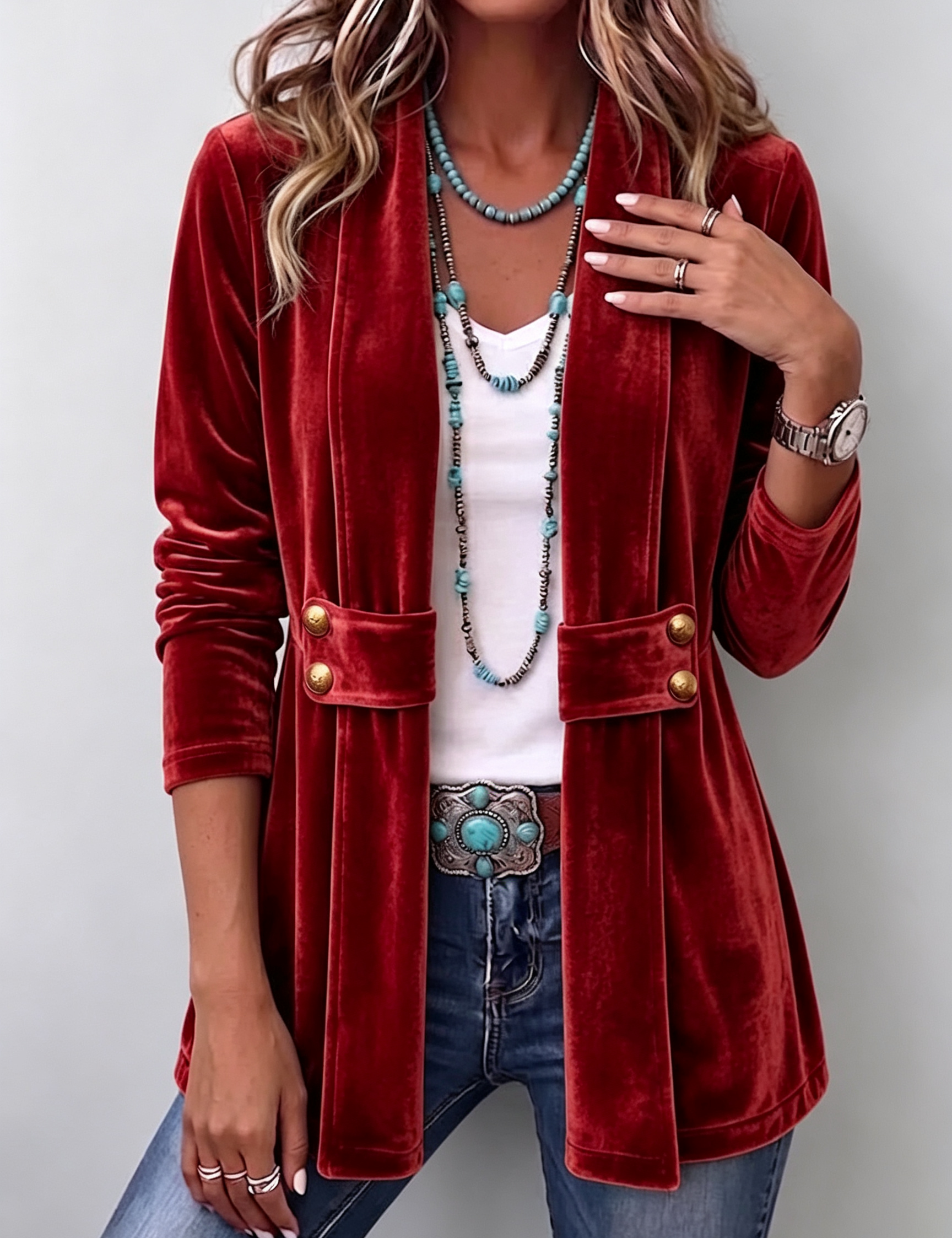 Giacca Aperta con Bottoni Vintage e Maniche Lunghe in rosso - Emilia di Amora Moda, foto 6