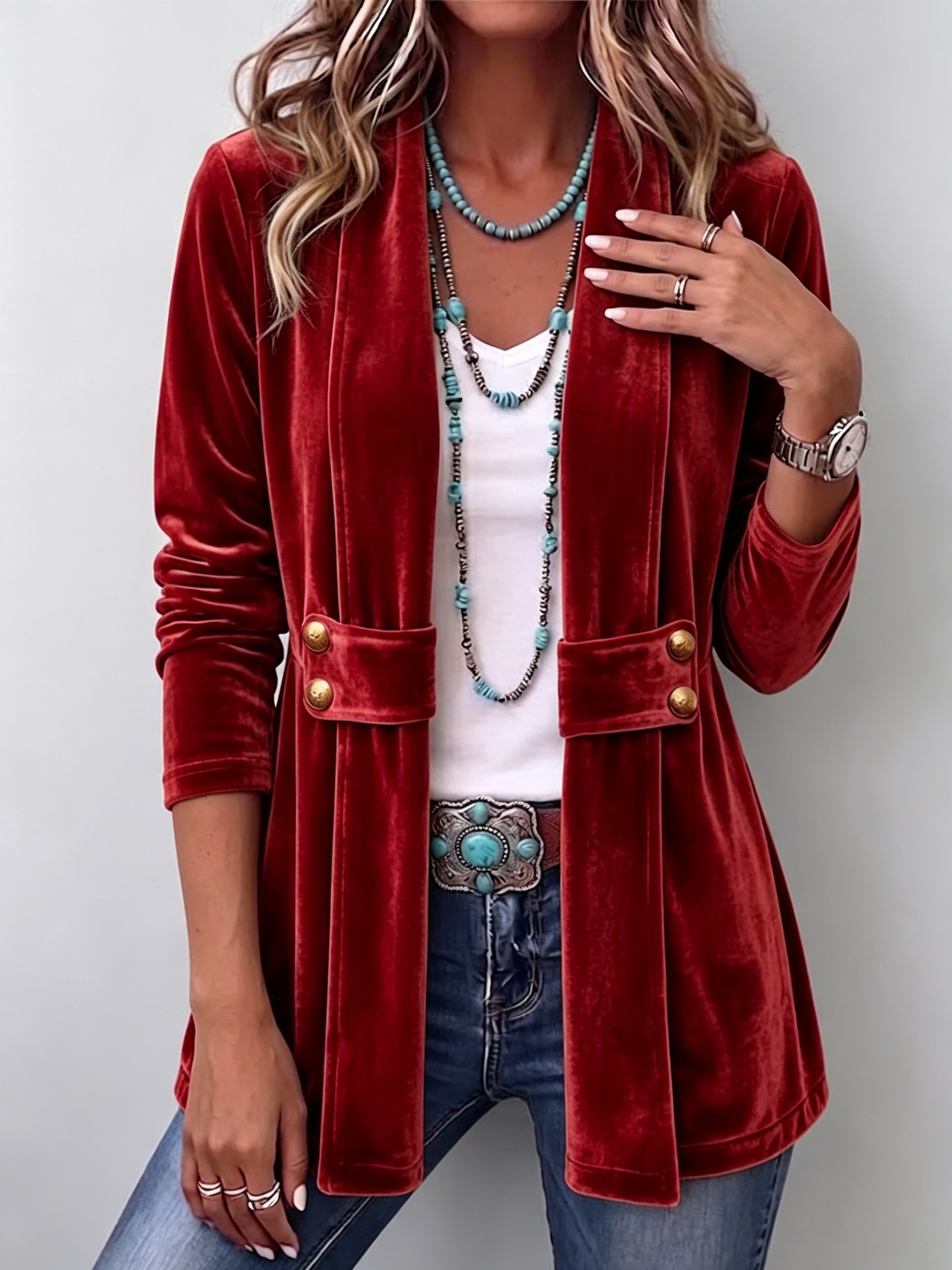 Giacca Aperta con Bottoni Vintage e Maniche Lunghe in rosso - Emilia di Amora Moda, foto 6