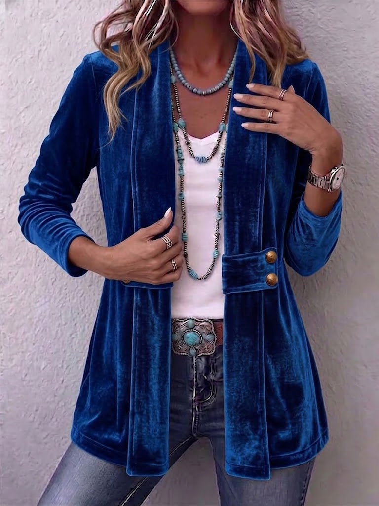 Giacca Aperta con Bottoni Vintage e Maniche Lunghe in blu reale - Emilia di Amora Moda, foto 3