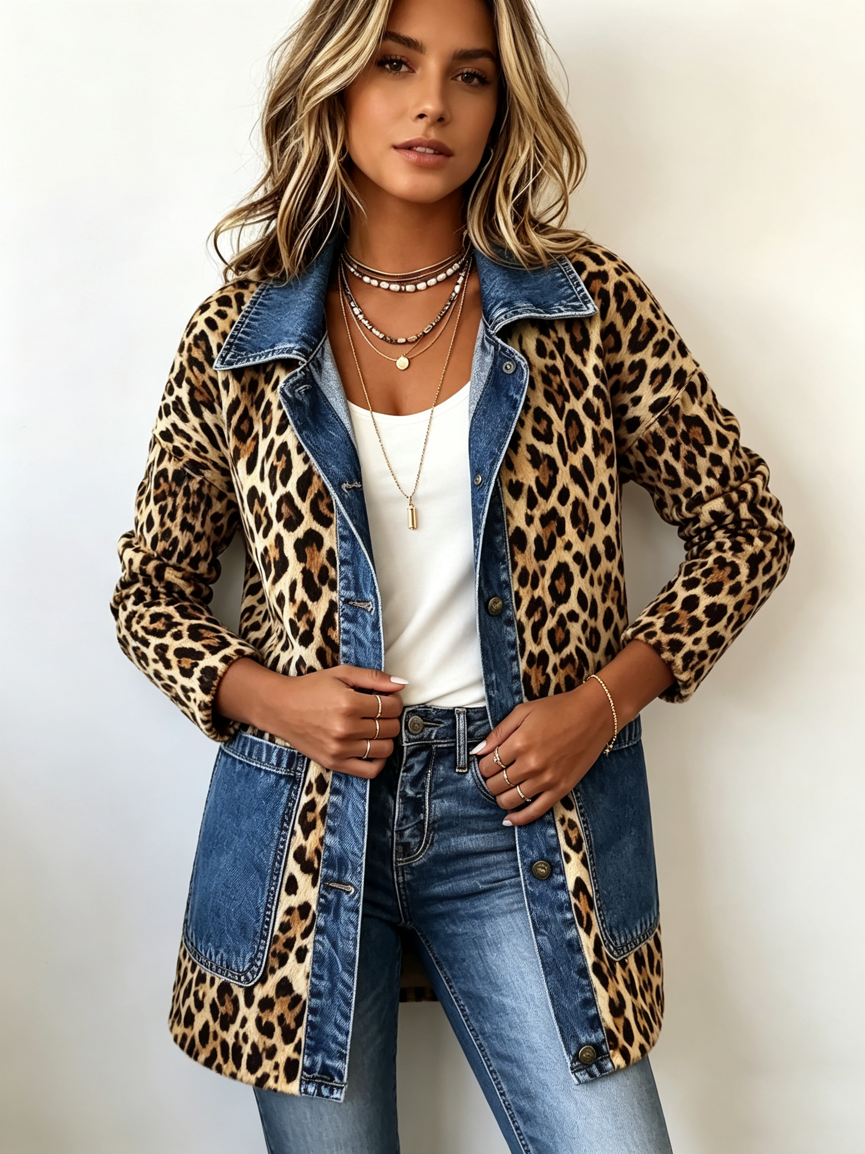 Giacca Lunga con Inserto in Denim Leopardato - Nora di Amora Moda, foto 3