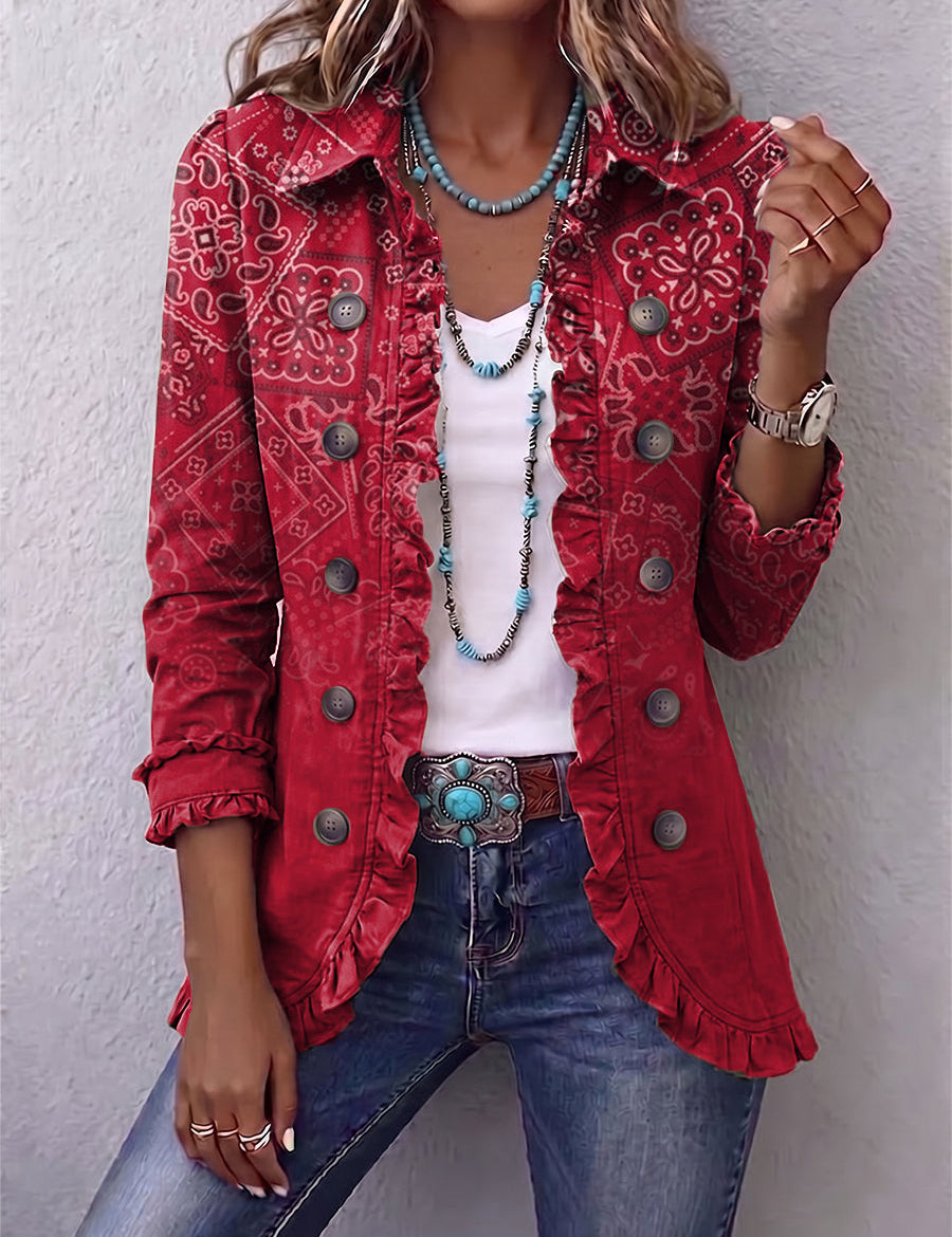 Giacca con Volant e Stampa Paisley Sfumata in rosso - Rosalba di Amora Moda