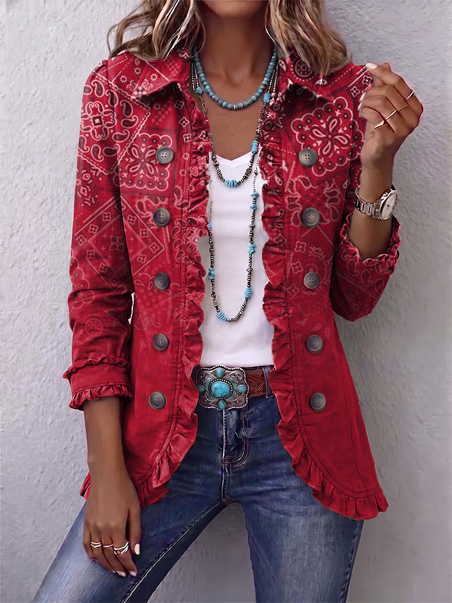 Giacca con Volant e Stampa Paisley Sfumata in rosso - Rosalba di Amora Moda