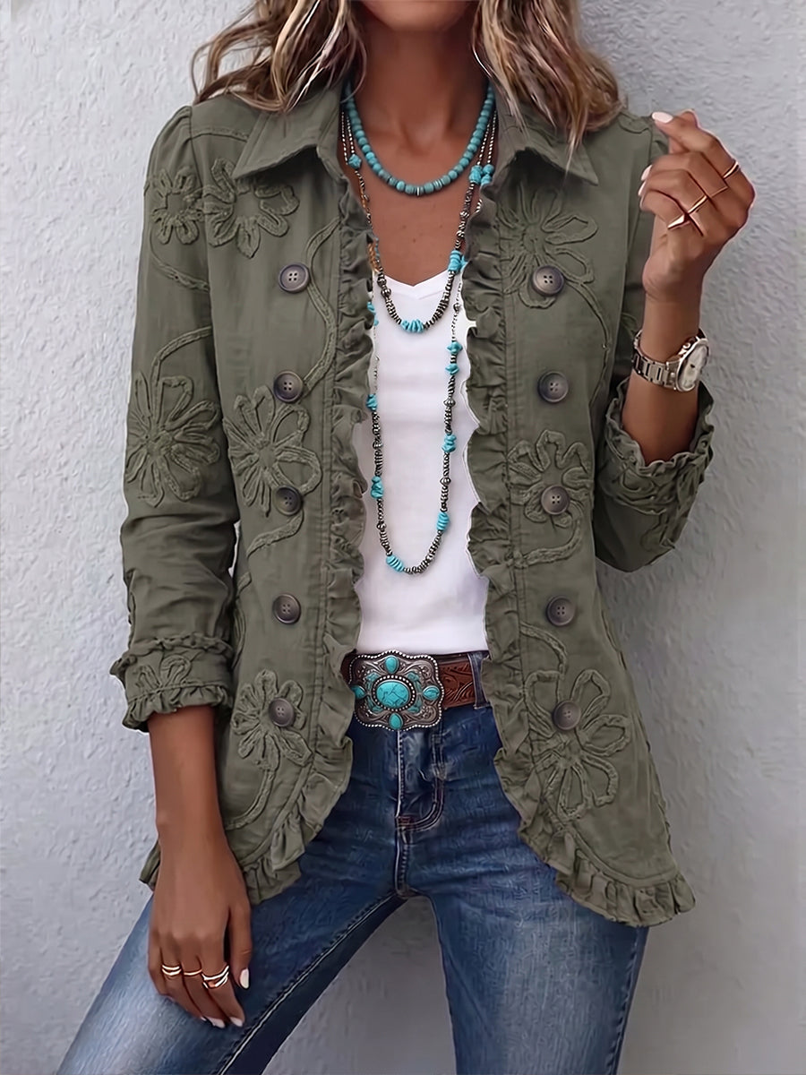 Giacca Ricamata a Fiori con Volant in verde retro - Olivia di Amora Moda