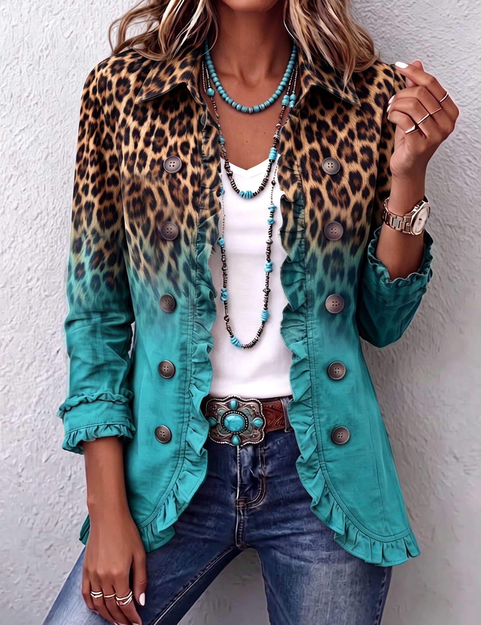 Blazer con Volant e Stampa Leopardata Sfumata in turchese - Emma di Amora Moda