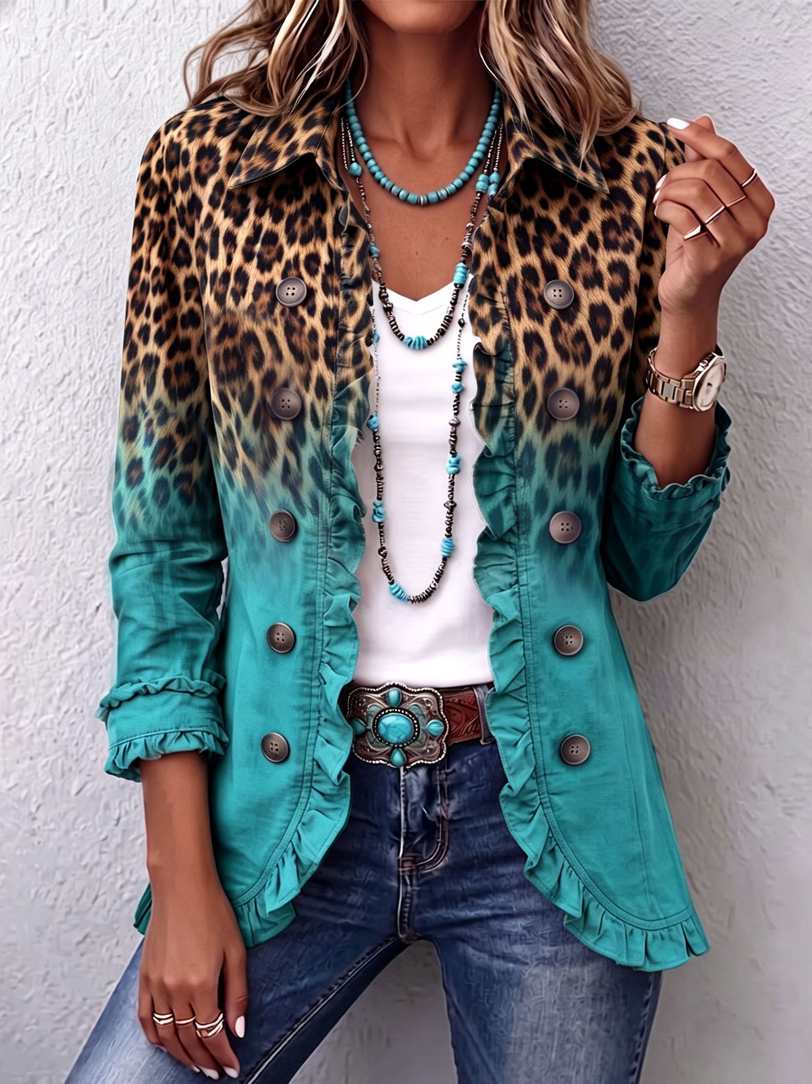 Blazer con Volant e Stampa Leopardata Sfumata in turchese - Emma di Amora Moda