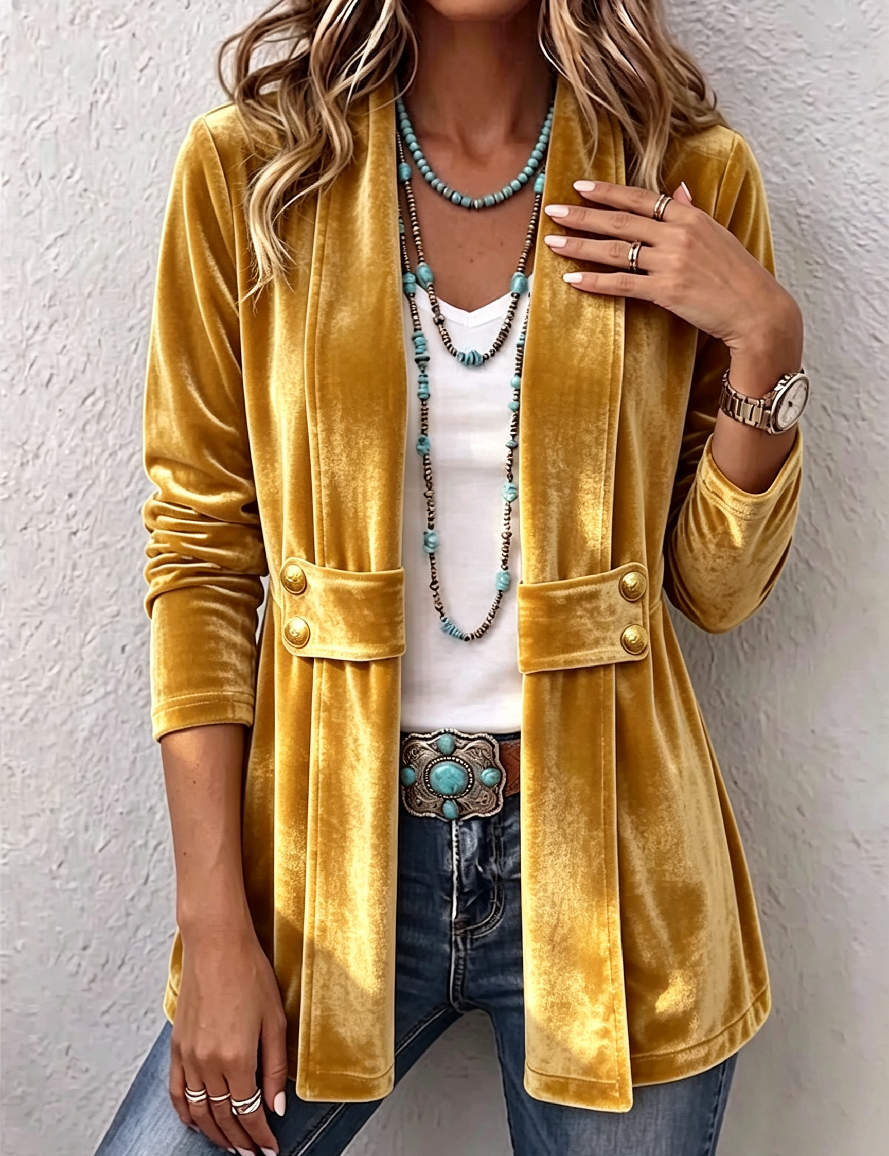 Giacca Aperta con Bottoni Vintage e Maniche Lunghe in oro - Emilia di Amora Moda, foto 5