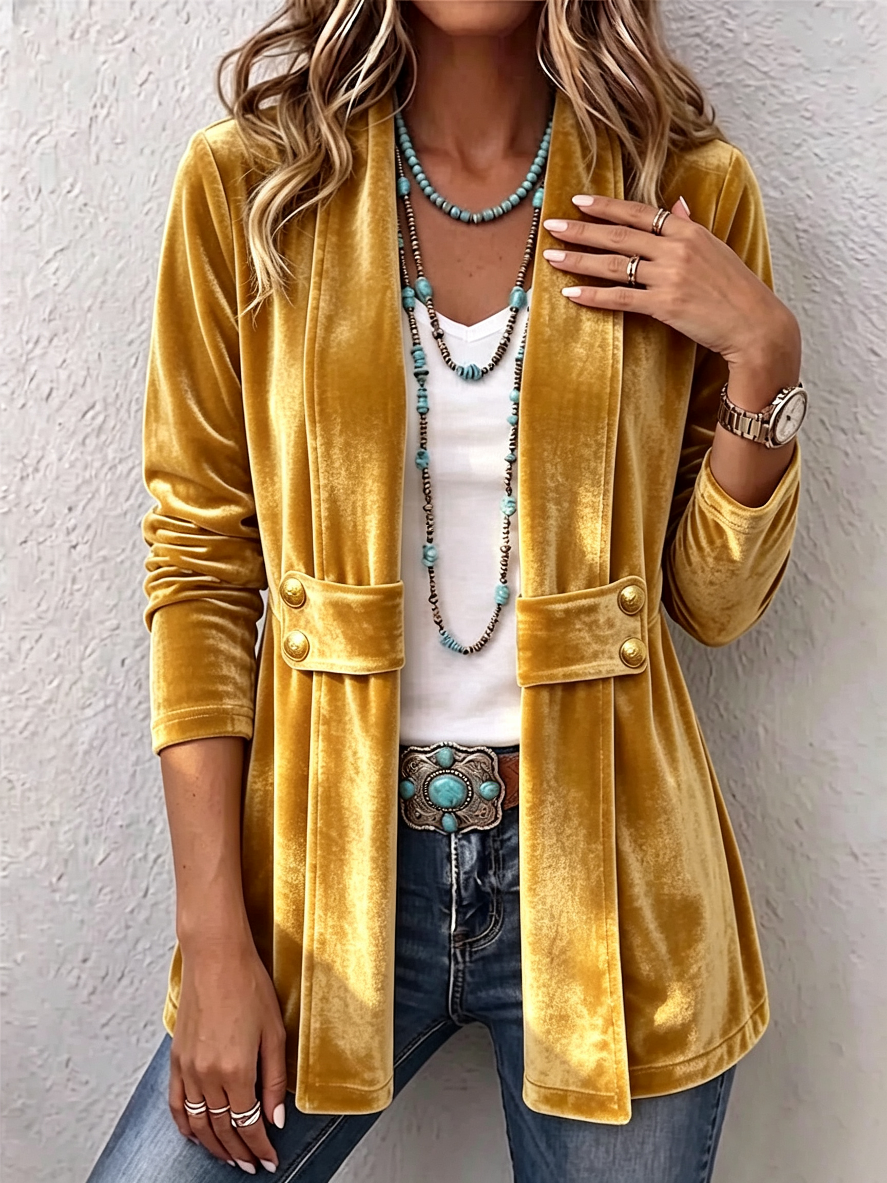 Giacca Aperta con Bottoni Vintage e Maniche Lunghe in oro - Emilia di Amora Moda, foto 5