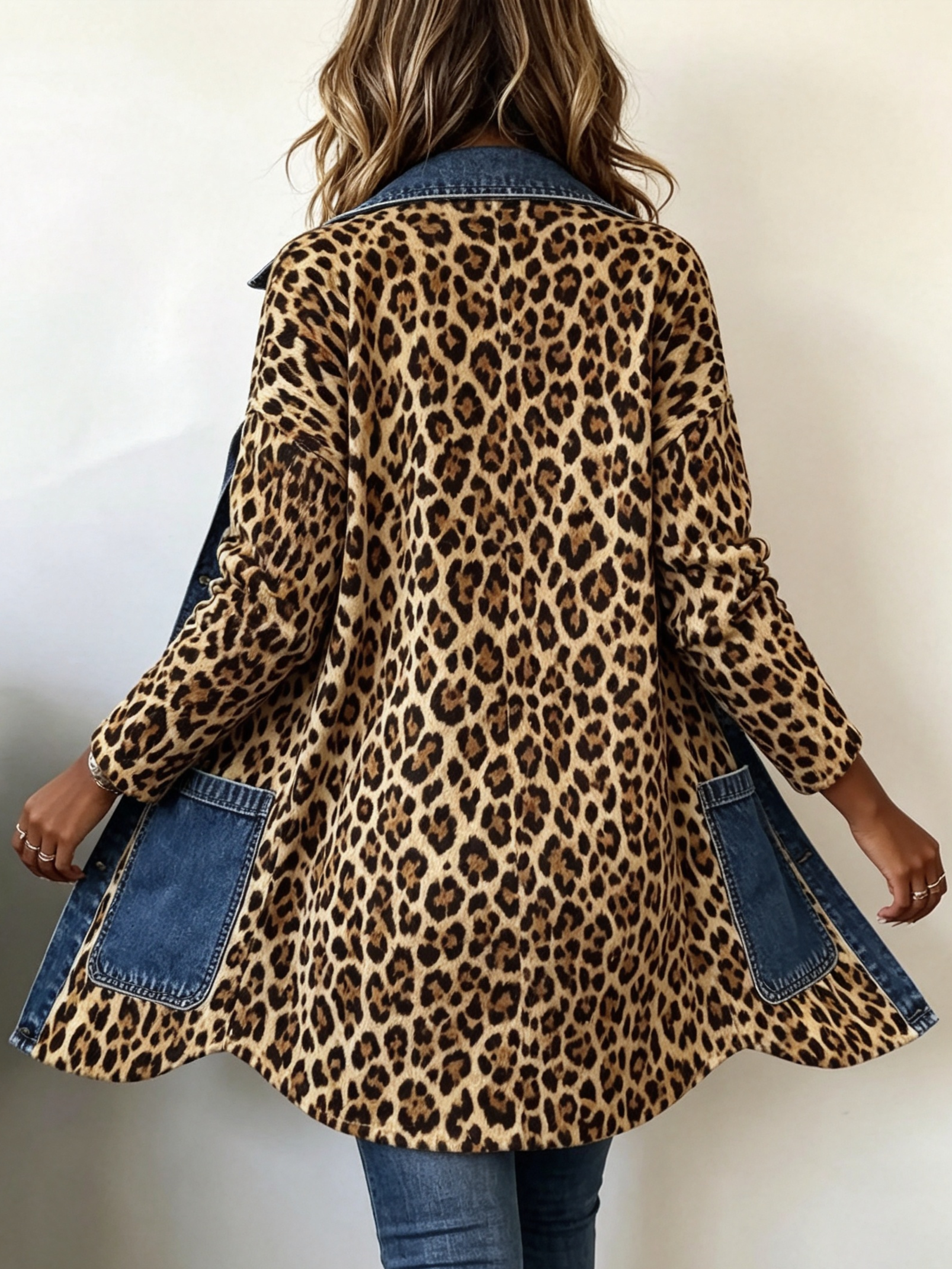 Giacca Lunga con Inserto in Denim Leopardato - Nora di Amora Moda, foto 4