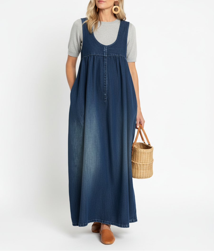 Abito Lungo in Denim Lavato in Morbido Cotone - Carla di Amora Moda
