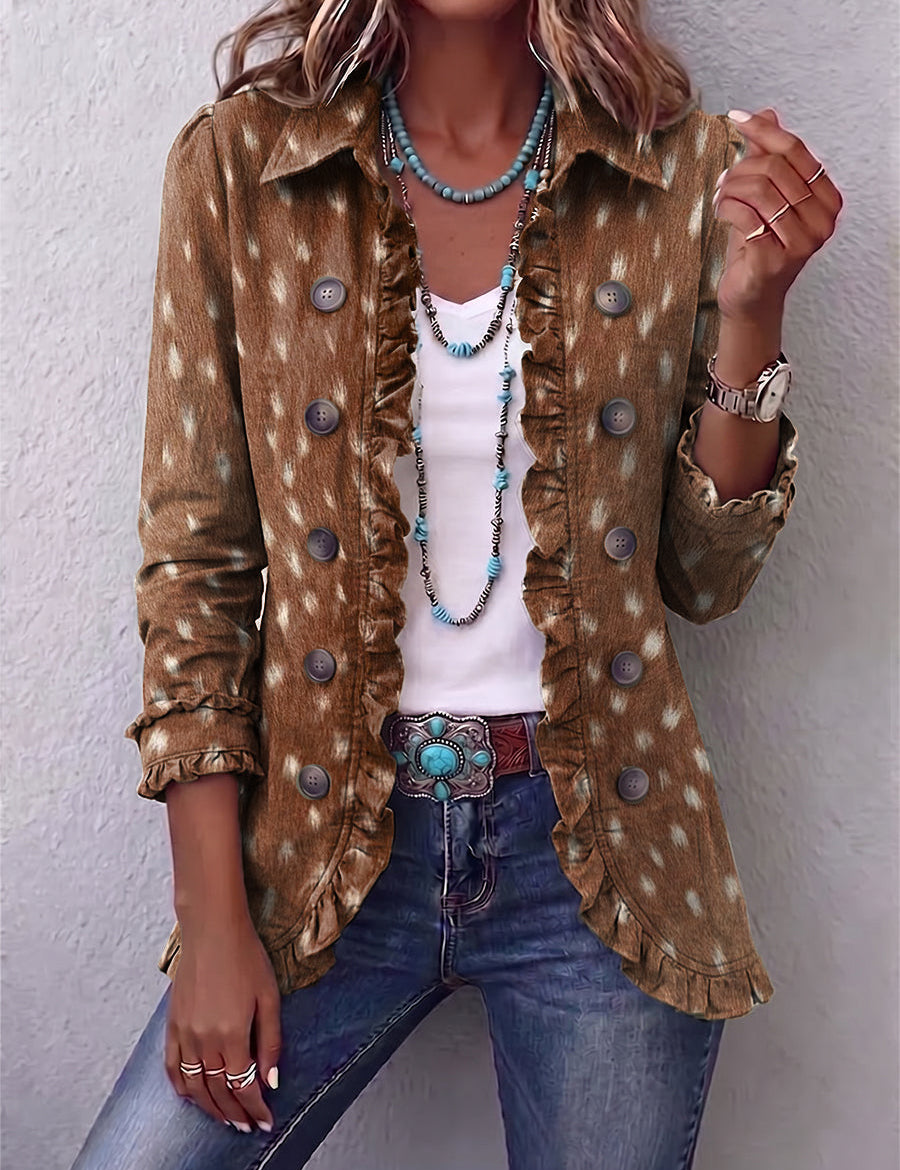 Giacca con Volant e Stampa Animalier Bohémien in marrone - Serafina di Amora Moda