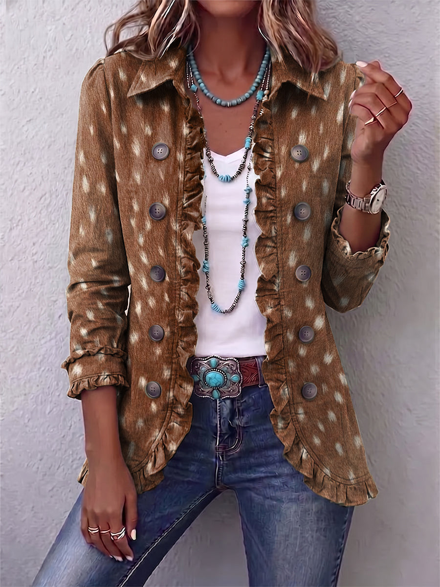 Giacca con Volant e Stampa Animalier Bohémien in marrone - Serafina di Amora Moda