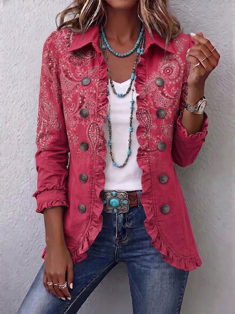 Giacca con Volant e Stampa Paisley Vintage in rosa pallido - Carmela di Amora Moda