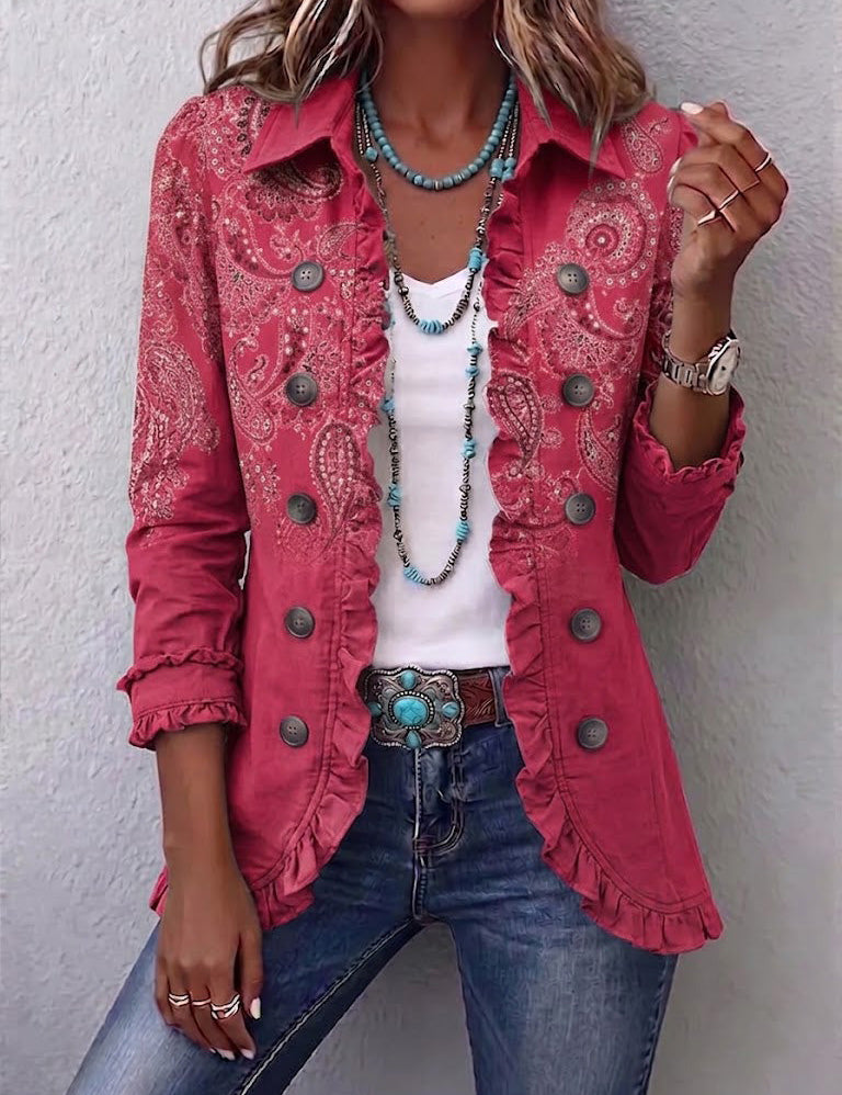 Giacca con Volant e Stampa Paisley Vintage in rosa pallido - Carmela di Amora Moda