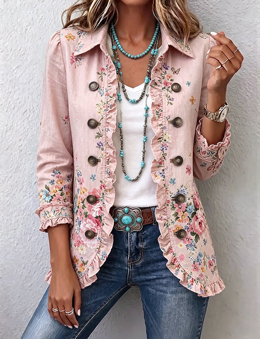 Giacca con Bottoni e Volant Floreale in rosa - Elda di Amora Moda