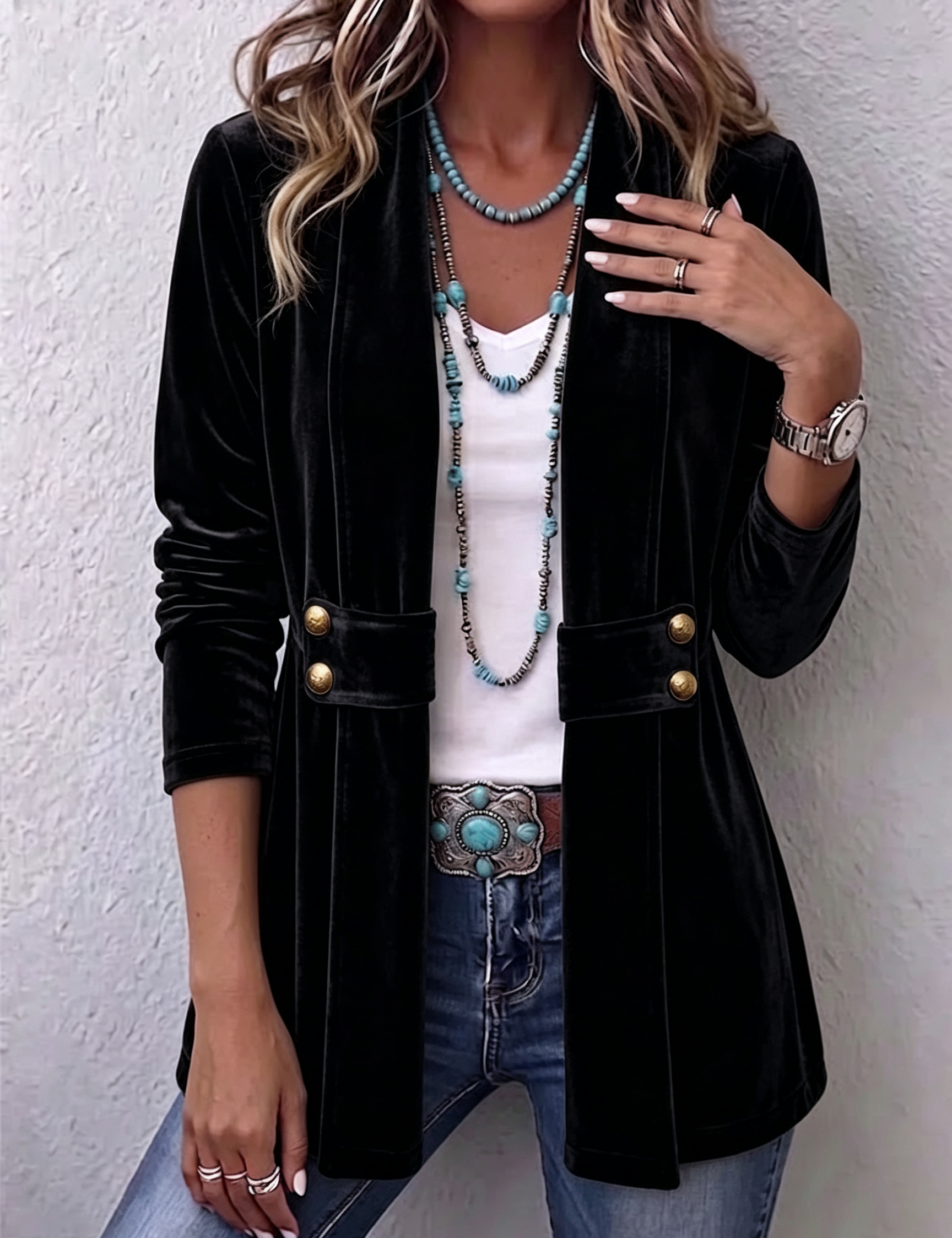 Giacca Aperta con Bottoni Vintage e Maniche Lunghe in nero - Emilia di Amora Moda, foto 4