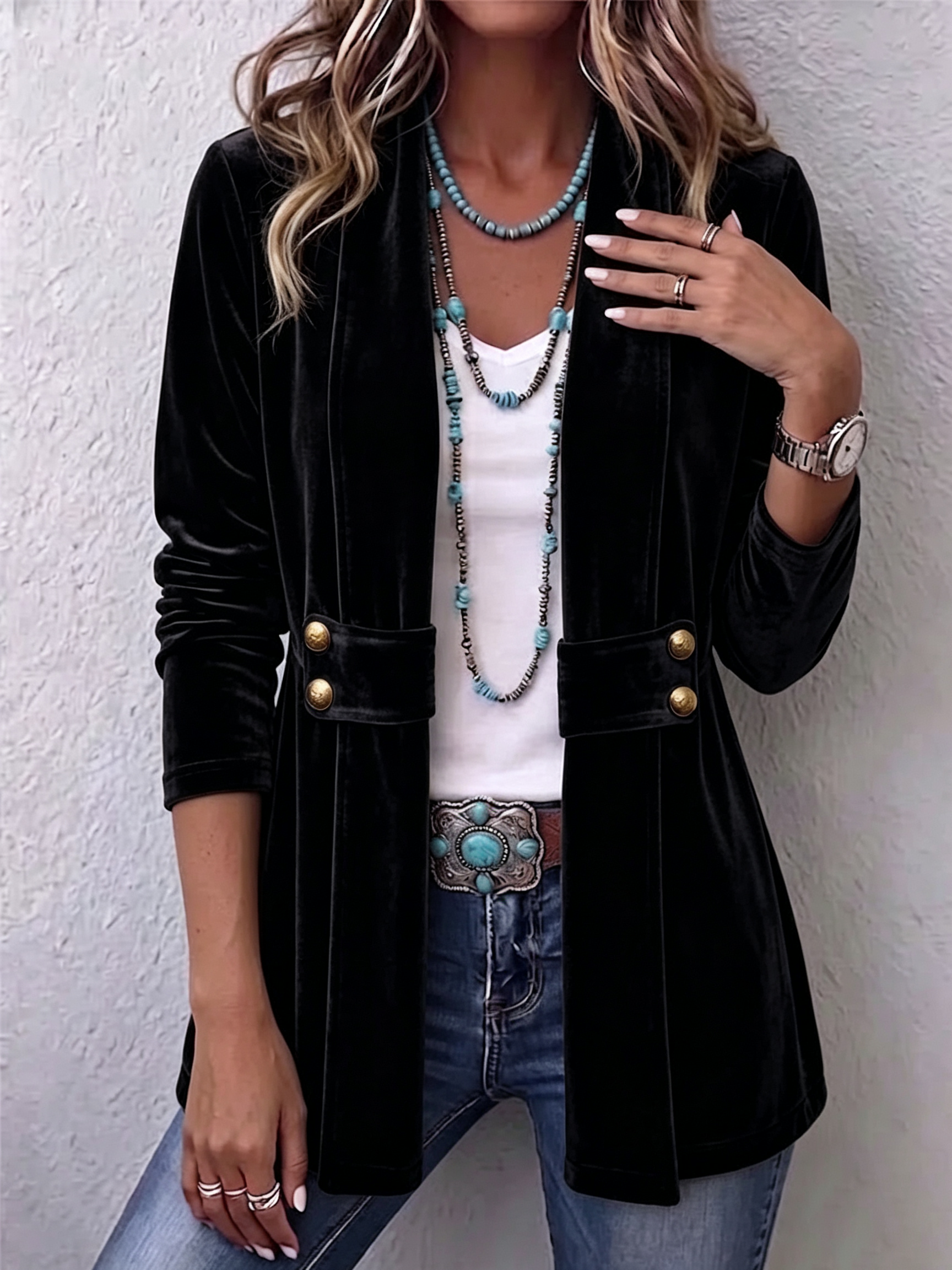 Giacca Aperta con Bottoni Vintage e Maniche Lunghe in nero - Emilia di Amora Moda, foto 4