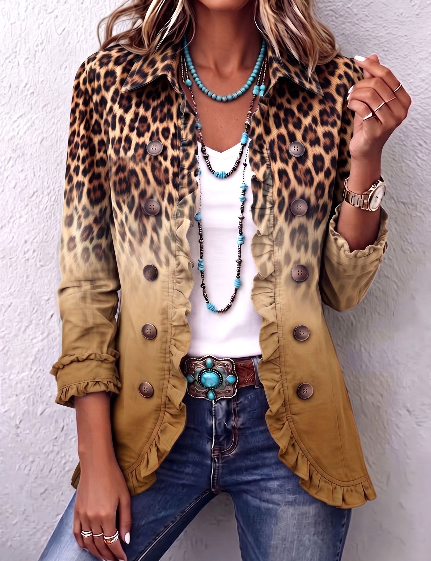 Blazer con Volant e Stampa Leopardata Sfumata in ocra - Emma di Amora Moda, foto 6