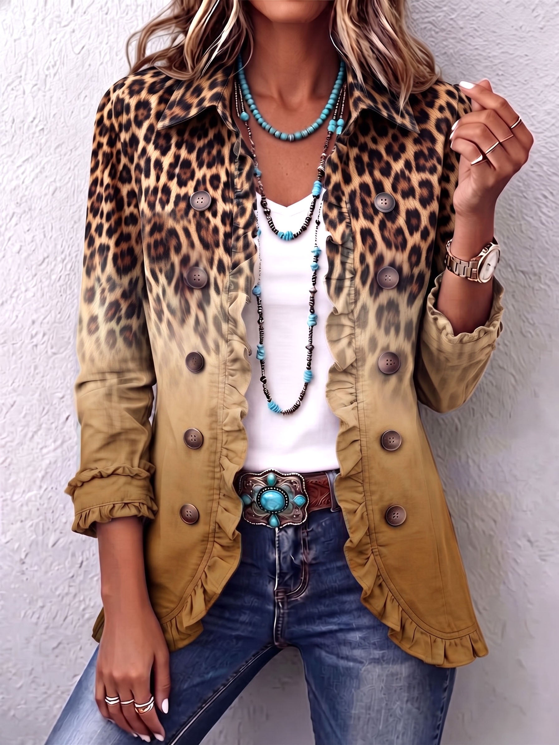 Blazer con Volant e Stampa Leopardata Sfumata in ocra - Emma di Amora Moda, foto 6