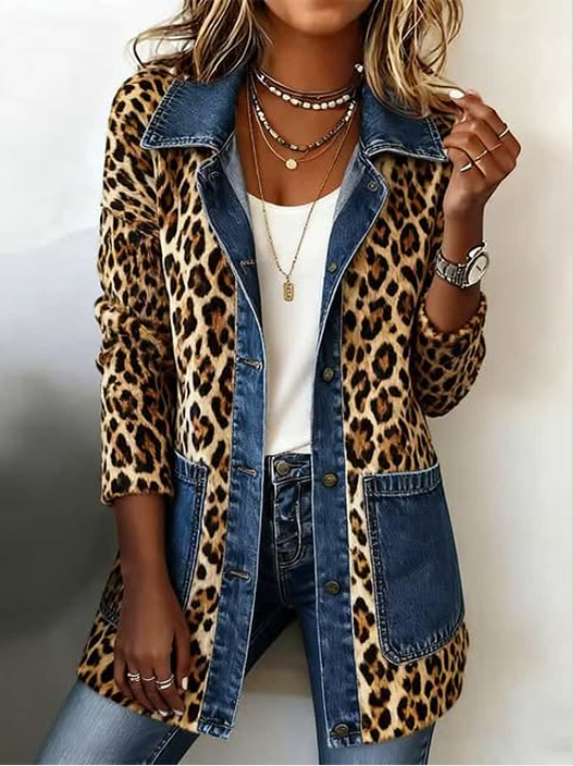 Giacca Lunga con Inserto in Denim Leopardato - Nora di Amora Moda, foto 2