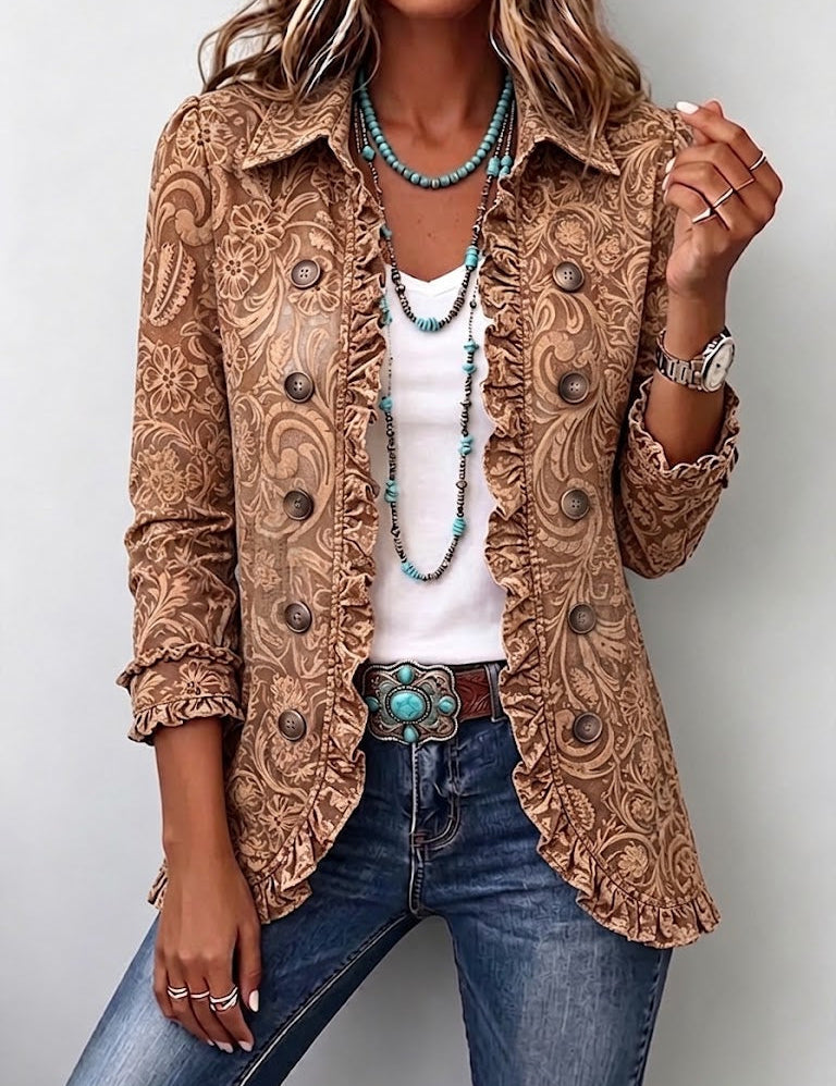 Giacca con Volant e Stampa Floreale Vintage in marrone - Maddalena di Amora Moda