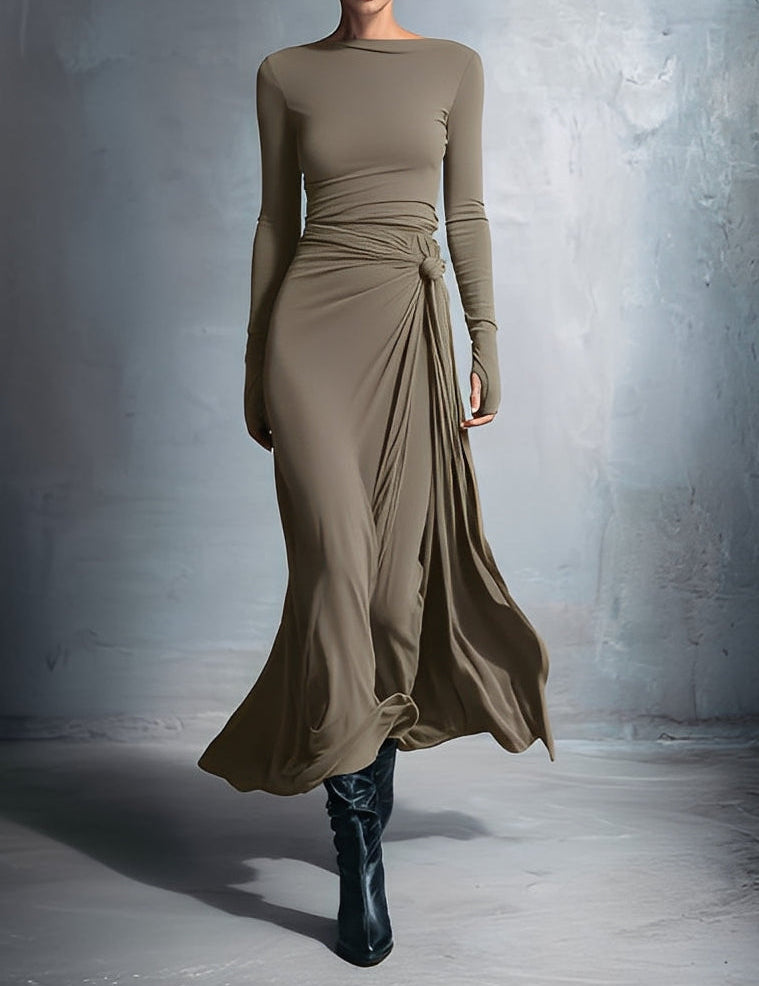 Abito Lungo con Nodo Laterale in kaki - Gabriella di Amora Moda, foto 5